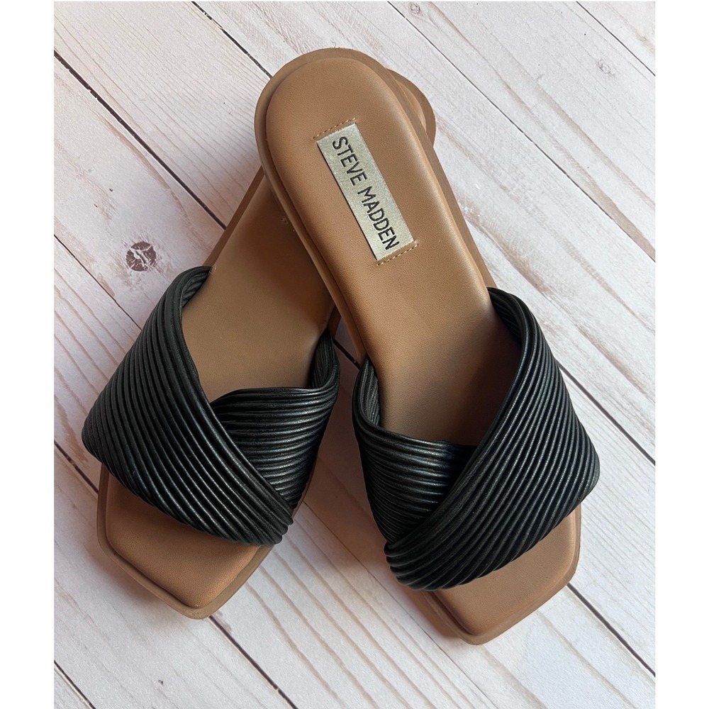 Steve Madden Womens Black Pleated Crossover Square Toe Slide Sandals Size 6M